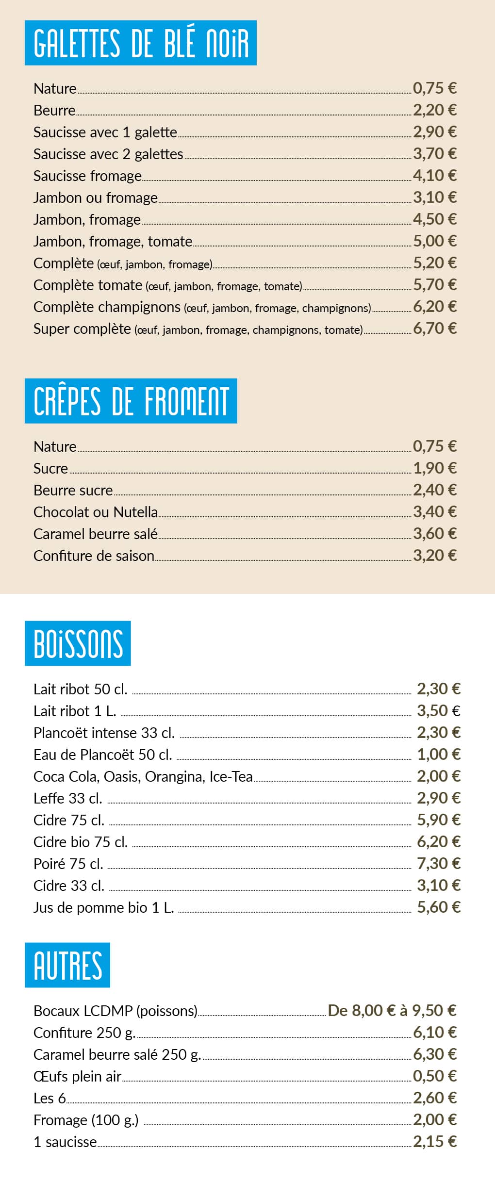 Menu à emporter 2025
